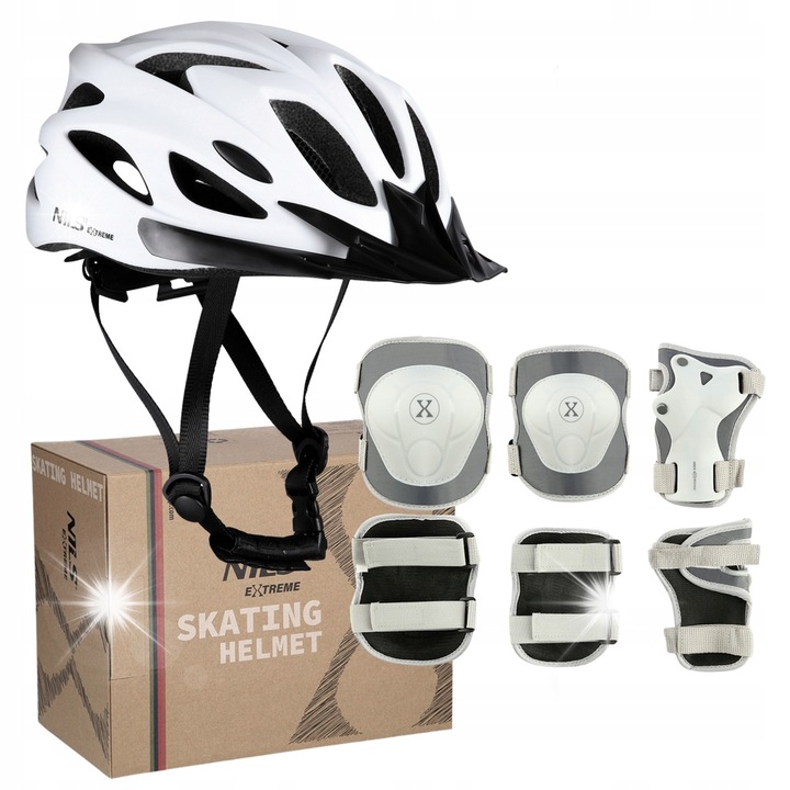 Комплект защита Nils Extreme, регулируема каска In-mold бяла, размер M, 18 вентилационни отвора, предпазители за китки, лакти и колене