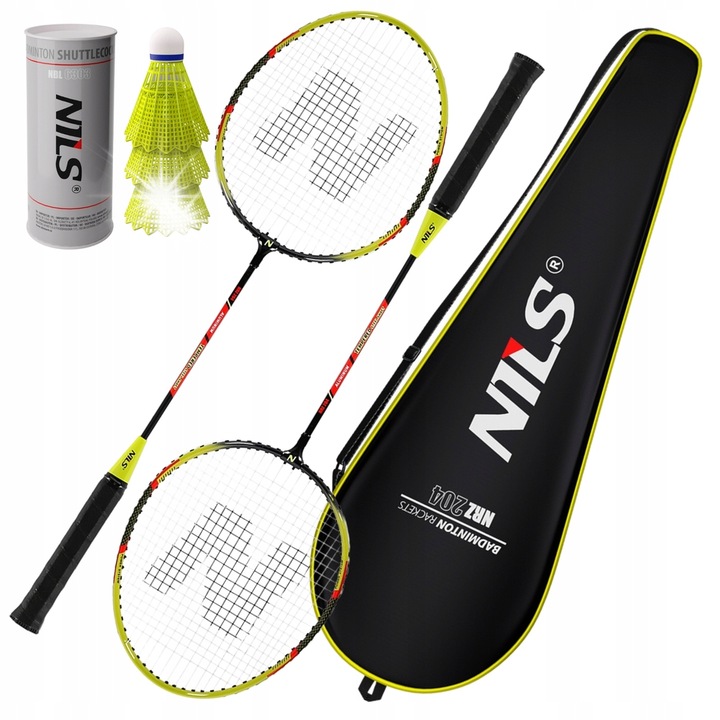 Комплект 2 ракети за бадминтон с 3 найлонови перца, NILS, 66 см, жълт
