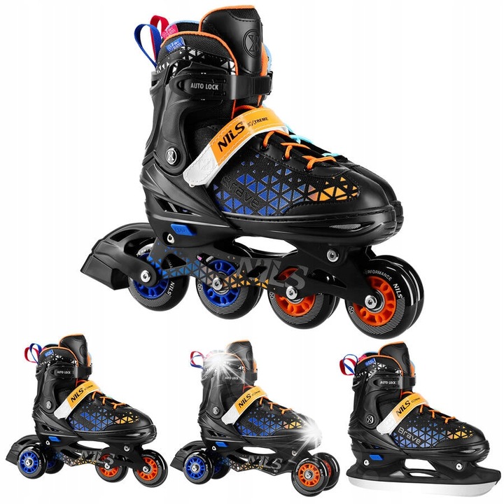 Регулируеми ролери 4в1 Nils Extreme, черни, сини, оранжеви, 29-43, със система за вентилация, PU колела 64-72 мм