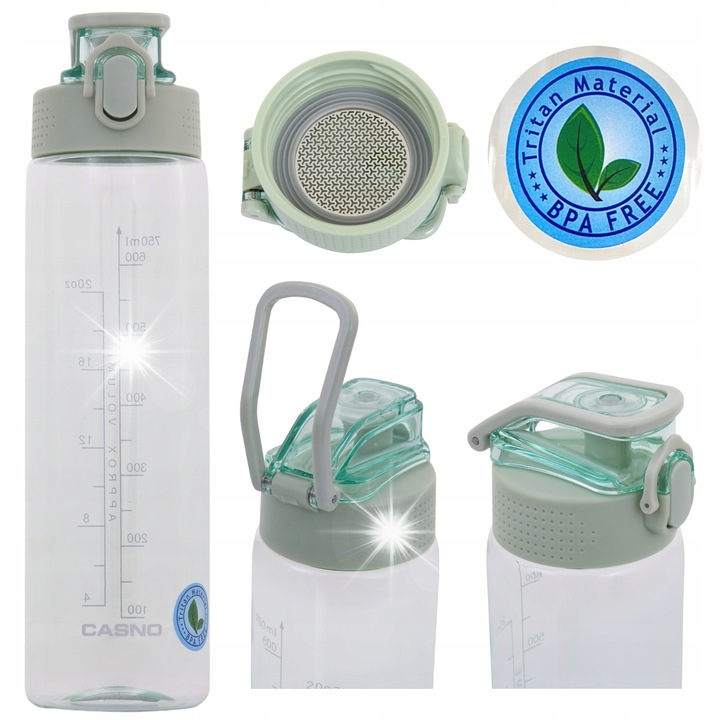 Спортна бутилка Casno Tennessee Clear, Tritan, зелена, 750 мл, 25,4x6,9 см