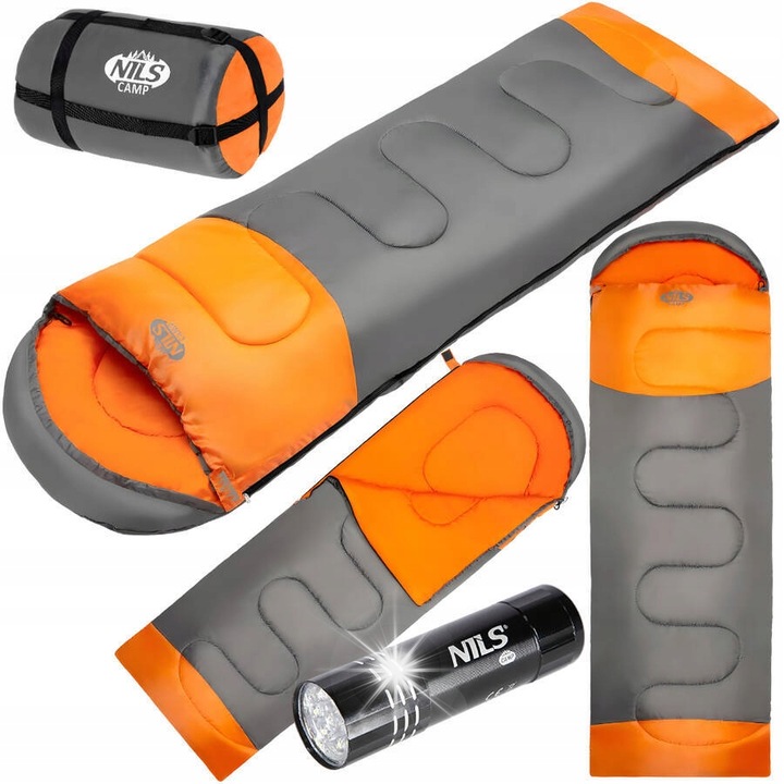 Спален чувал Nils Camp NC2008, 2 сезона, оранжев, 185+30x75 см, комплект с фенерче