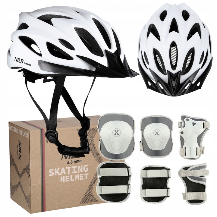 Каска за защита Nils Extreme с регулиране In-mold и комплект протектори, бяла, размер S
