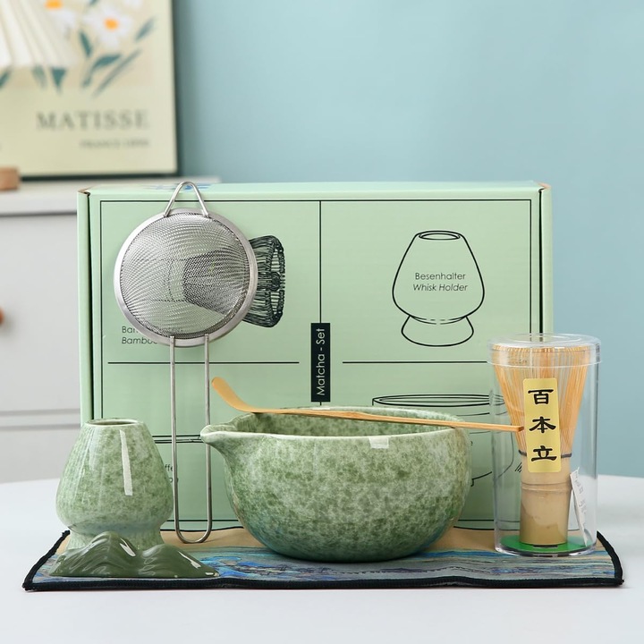 Matcha szertartás készlet 7 darabos, kerámia tál, bambusz habverő, habverő tartó, bambusz kanál, matcha szita