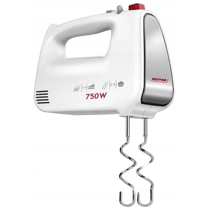 Ръчен миксер MPM MMR-19B 750W, 5 скорости, функция Турбо, бял, комплект с 2 вида бъркалки