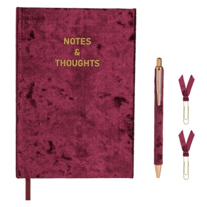 Set de Birou cu Caiet Notes & Thoughts tip Agenda, Coperta Catifelata, Pix Catifelat & 2 Agrafe, A5, 80 file, Hartie fara Lemn, Magenta/ Mov/ Auriu
