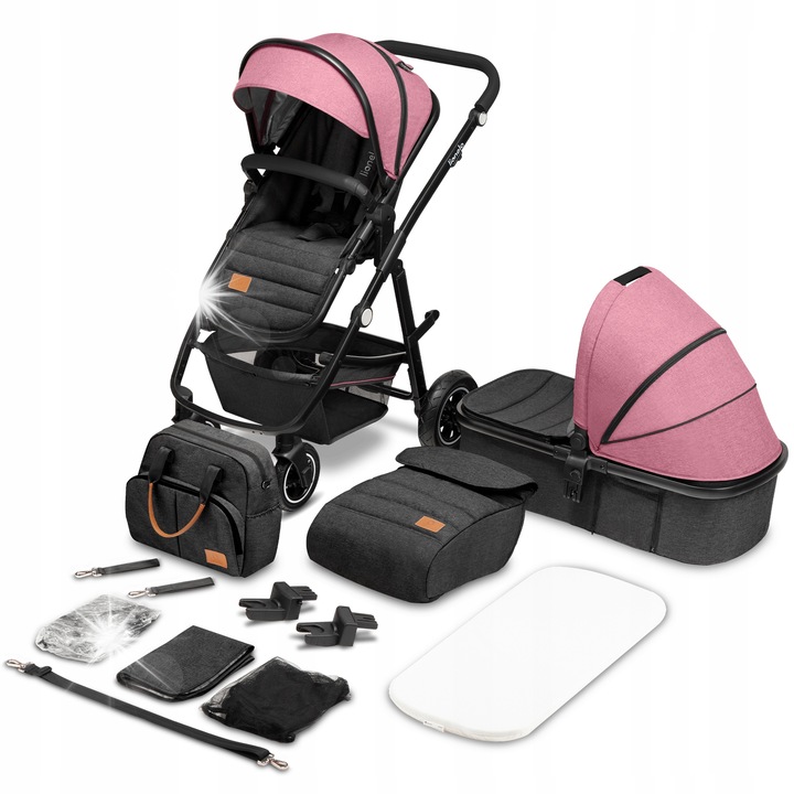 Многофункционална количка 2 в 1 Lionelo Amber, розова, с кош за новородено и дъждобран