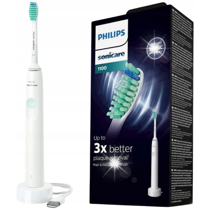 Електрическа четка за зъби Philips Sonicare 1100, Бял цвят, Комплект с глава C1 ProResults, 2 седмици живот на батерията