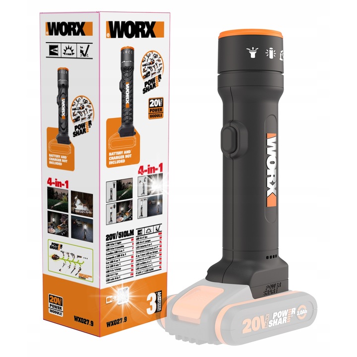 Фенер 4в1, Worx, 20V, 510LM, акумулатор, въртящ се