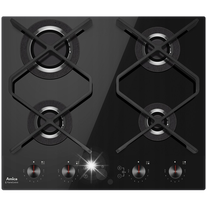Газов плот върху стъкло Amica 59x52cm, 4 горелки, Таймер, FlameControl, черен