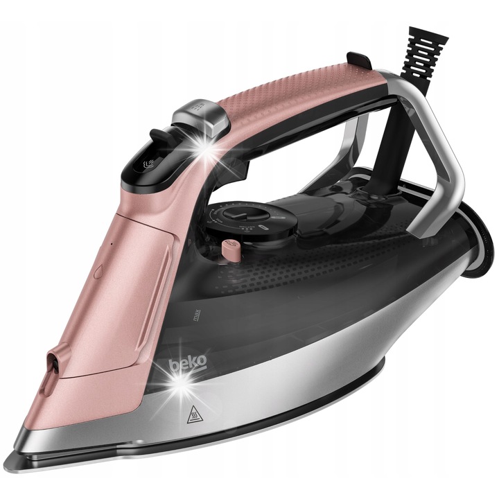 Fier de calcat Beko Future Iron SIM8130P, 3000W, 270g/min, ceramica SoftGlide, negru-roz-gri, 12,5x16,5x31,5cm