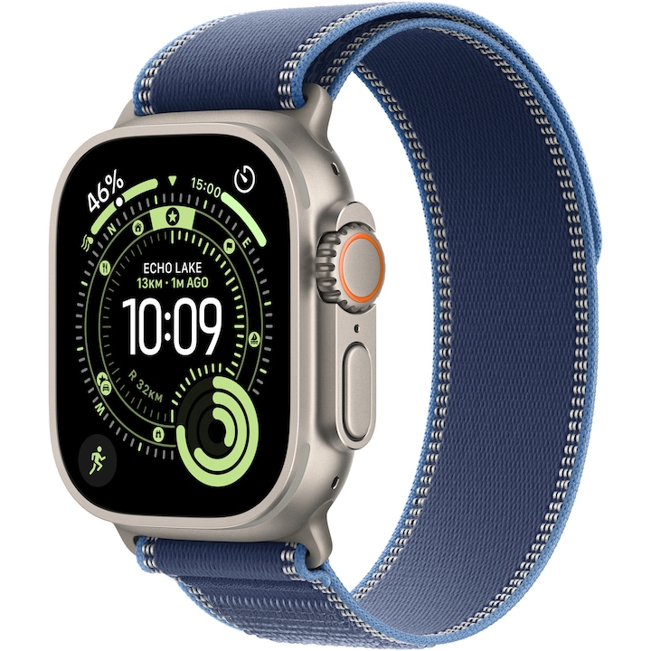 Apple Watch Ultra 3, GPS + Cellular, Carcasa Natural Titanium 49mm, Blue/Bright Blue Trail Loop - S/M