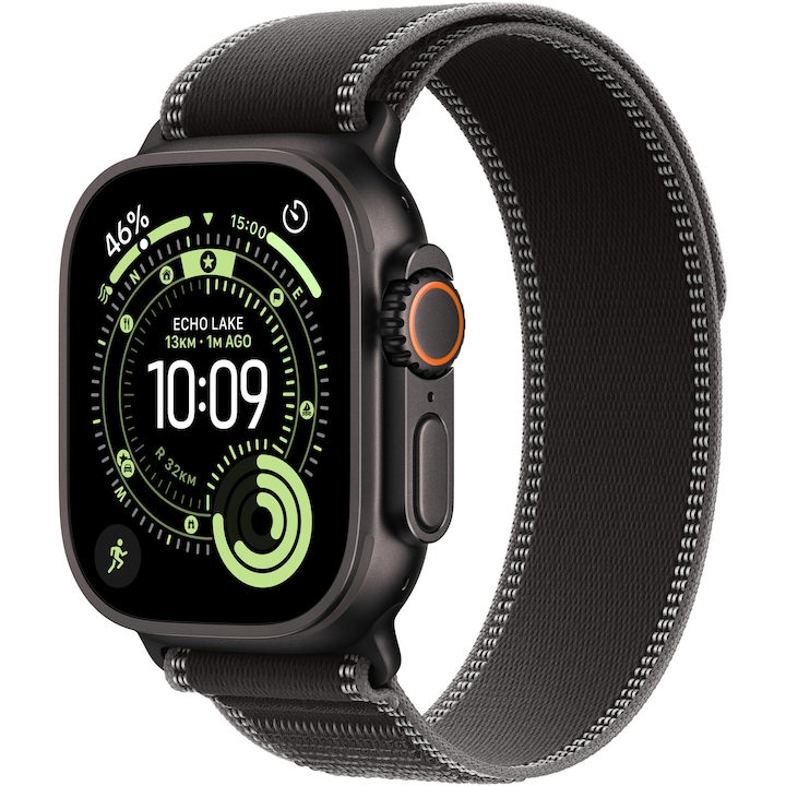 Apple Watch Ultra 3, GPS + Cellular, Carcasa Black Titanium 49mm, Black/Charcoal Trail Loop - S/M