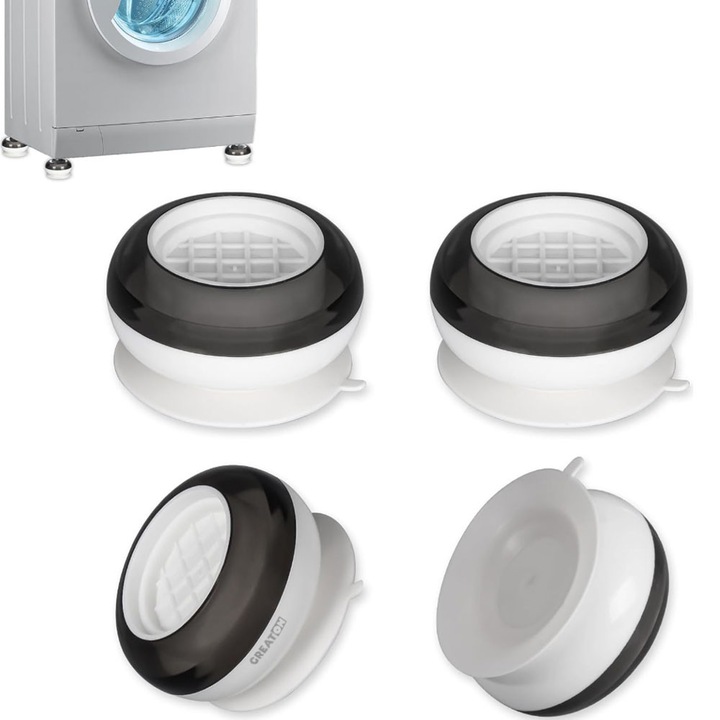 Set 4 Picioare Antiderapante Antisoc GREATON, Silicon/Plastic, Tampoane Anti-Vibratii Pentru Masina De Spalat, Frigider, Uscator, Mobilier, Alb/Negru