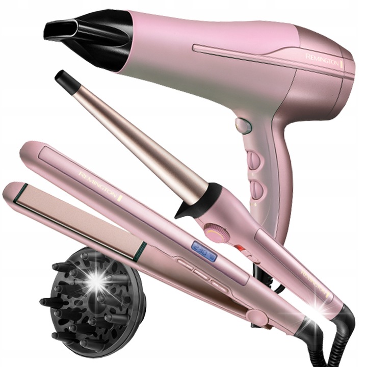 Комплект за грижа и стилизиране на коса Remington, сешоар, преса, маша, керамика, антистатична защита, розов