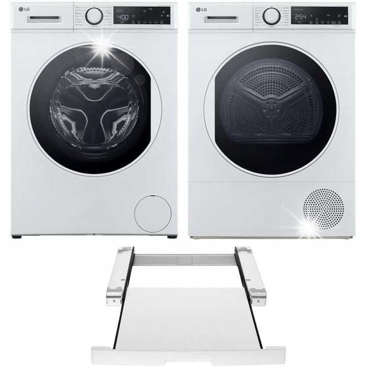Комплект перални LG Pralka F2WT208S0E 8kg + Сушилня V5R08DM 8kg + Свързващ елемент DSTWH, Бял, 60см