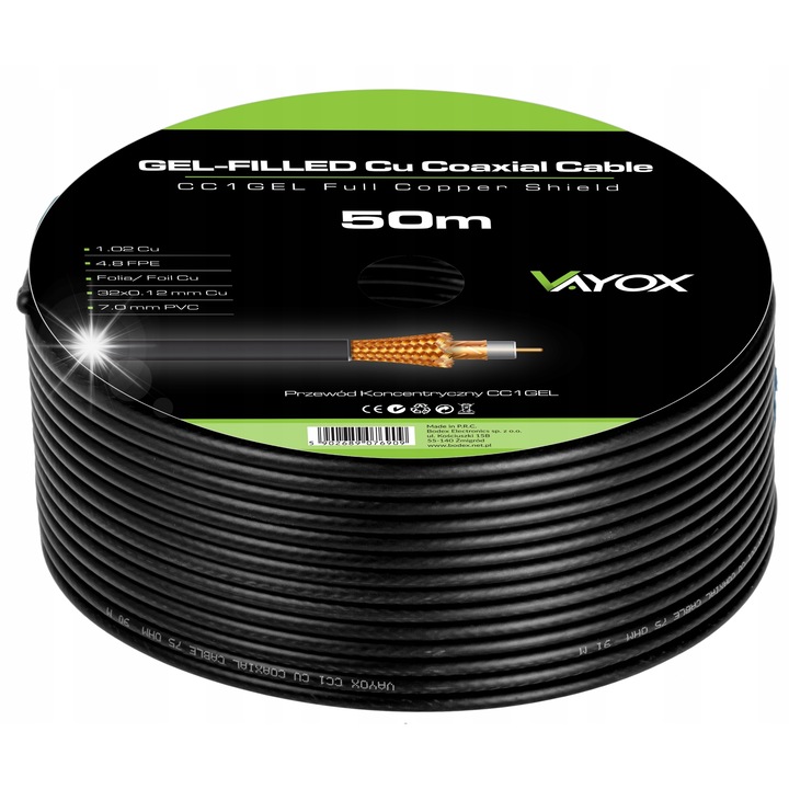 Коаксиален кабел Vayox CC1-50GEL, 50м, медна сърцевина, гел защита, черен