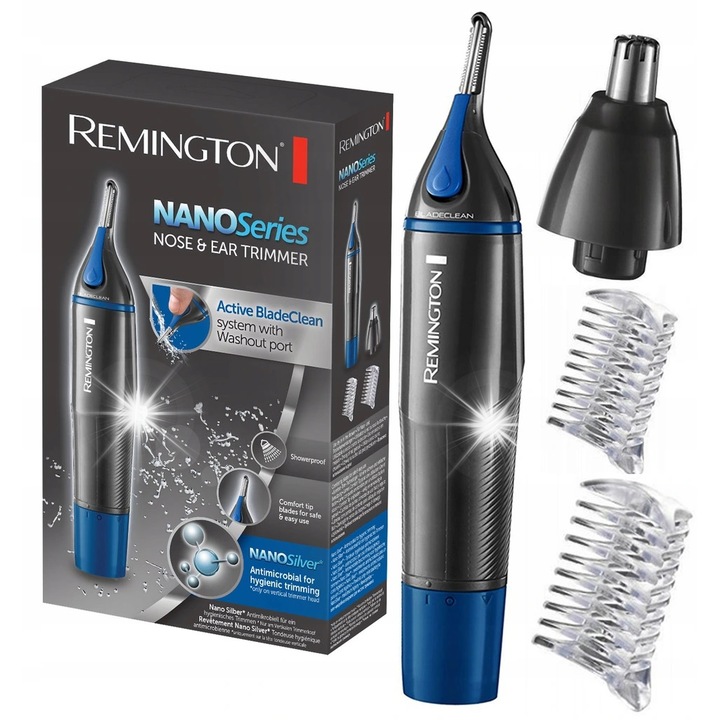 Тример Remington NE3850, цилиндричен, черен и син, за вежди, нос и уши, захранване с батерии AA