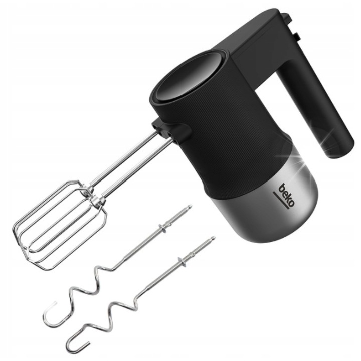 Миксер Beko, 500W, 4 скорости, турбо функция, черно-сребрист, комплект с 2 бъркалки и 2 куки за тесто