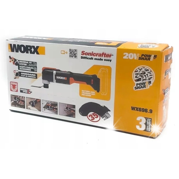 Worx WX696.9 multifunkciós csiszoló, 20V, 0,9kg, 0-5000/18000 ford./perc, oszcillációs technológia
