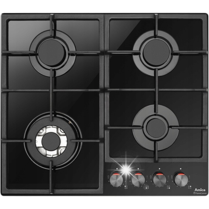 Газов котлон, Amica, PGCD6121ApFB, 4 горелки, контрол на пламъка, черно стъкло, 59x52см