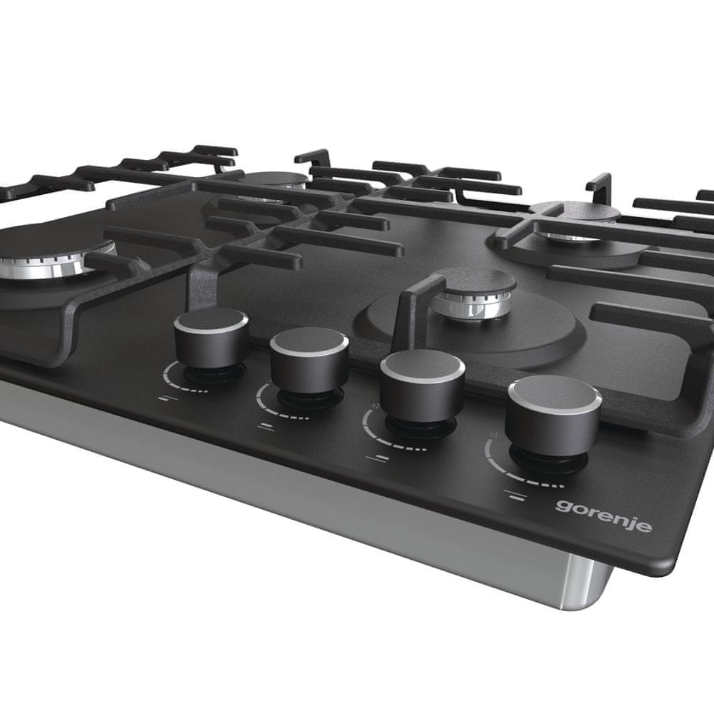 Plita pe gaz, Gorenje G642AB 60cm, 4 arzatoare, suprafata inox, neagra