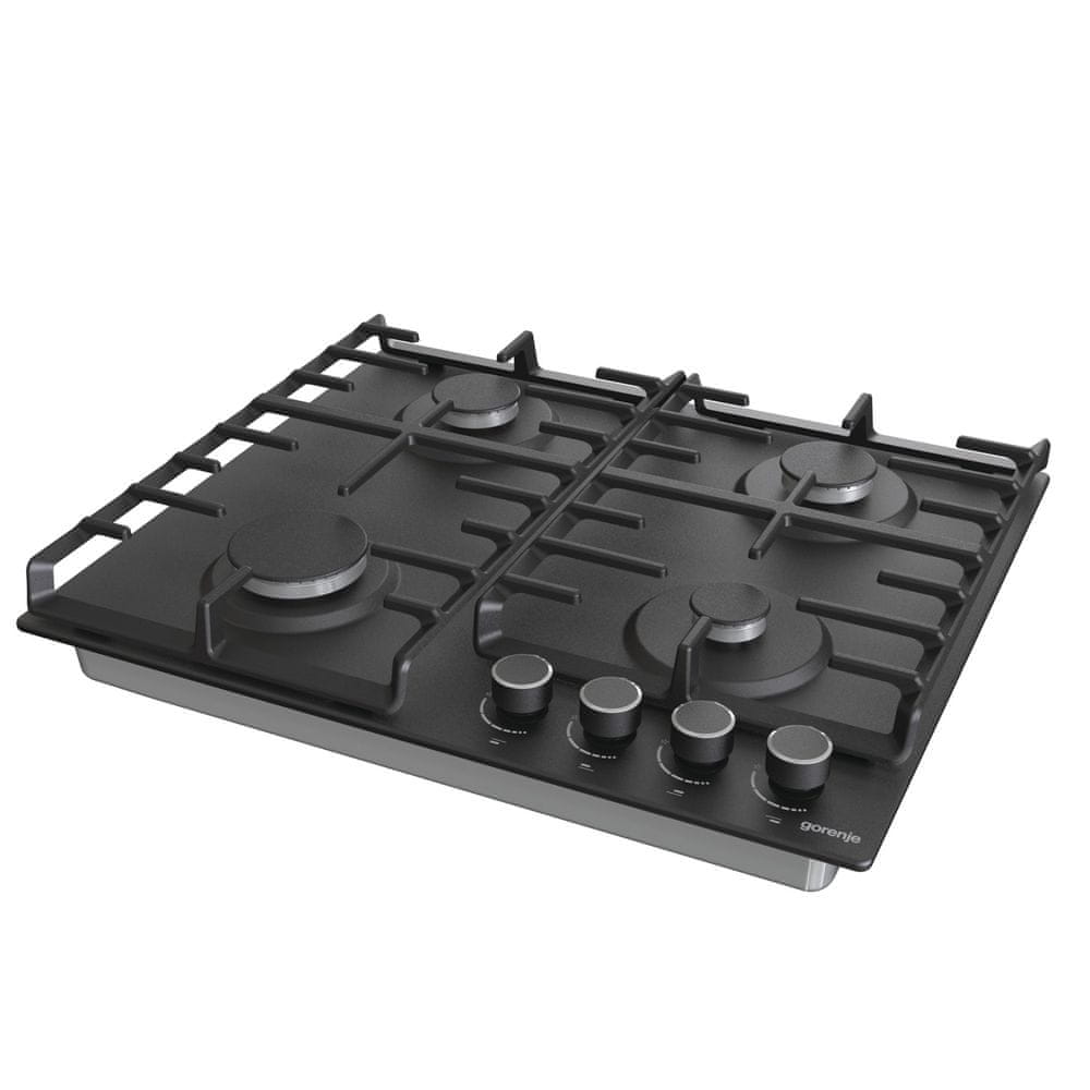 Plita pe gaz, Gorenje G642AB 60cm, 4 arzatoare, suprafata inox, neagra