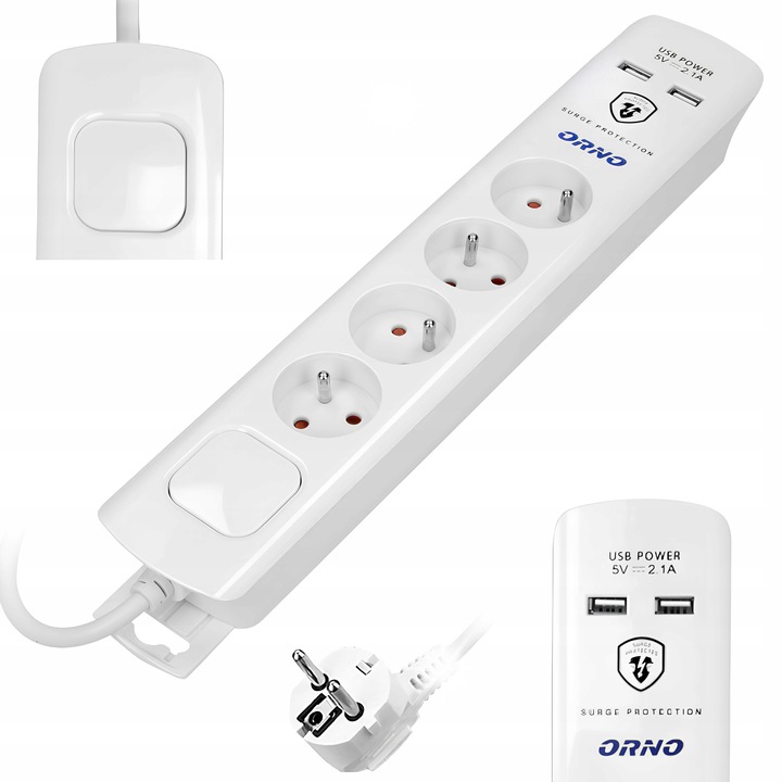 Разклонител с 4 контакта, 2x USB, 3 м, бял, със защита от пренапрежение, OR-AE-13243/W/3M