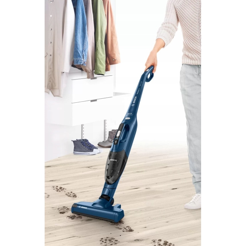 Aspirator vertical Bosch BBHF216 2 în 1, 16V, capacitate 0,6l, albastru, dimensiuni 1160x265x165mm