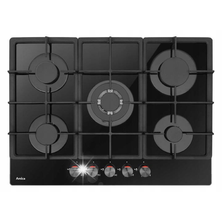 Газов плот на стъкло Amica 70см, 5 зони за готвене, Wok горелка 3,5 kW, черен