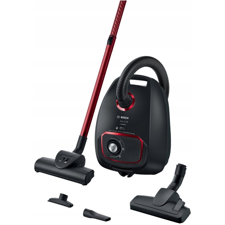 Прахосмукачка с торба, Bosch Серия 4 BGB41POW1, 850W, HEPA филтър, комплект 4 торби BBZ 41FGALL, черна, 4л