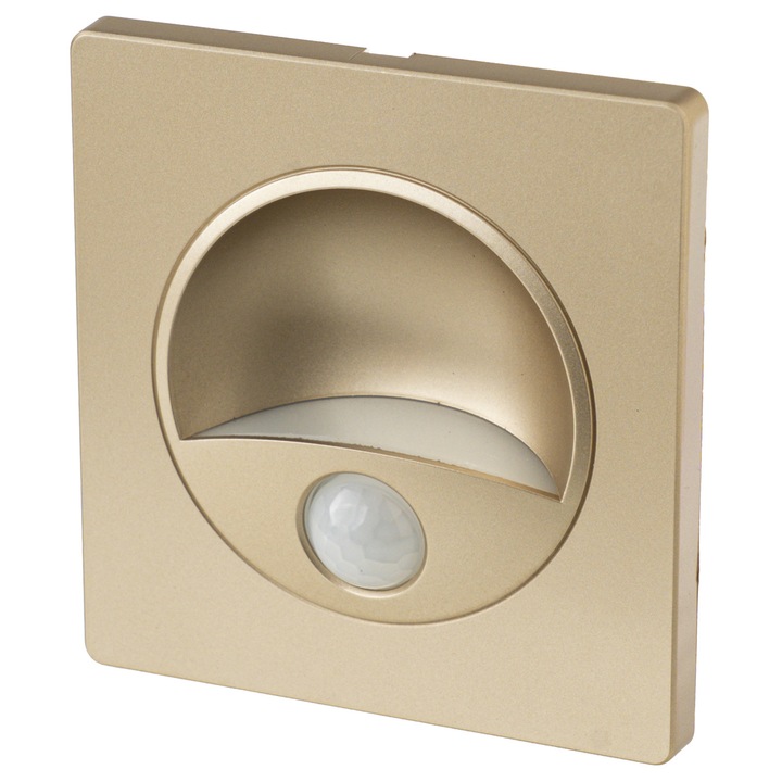 Spot LED incastrabil 1W cu senzor de prezenta, patrat, auriu mat, lumina calda 3000K, IP40 – iluminat trepte, scari, holuri