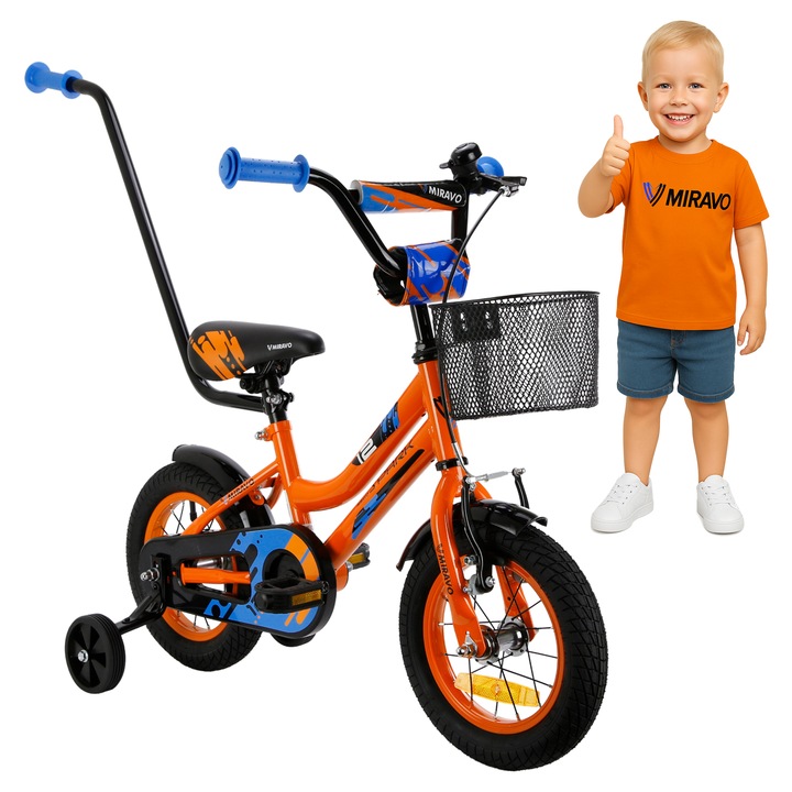 Bicicleta Pentru Copii, Miravo, Spark, Inaltime Sa Fara Ghidaj 47 cm, Cu Ghidaj 53 cm, Jante Din Otel, Frana Manuala Si Torpedo, Roti Laterale, Cos, Reflectoare Gratis, Greutate 10 Kg, 12 Inch, Portocalie