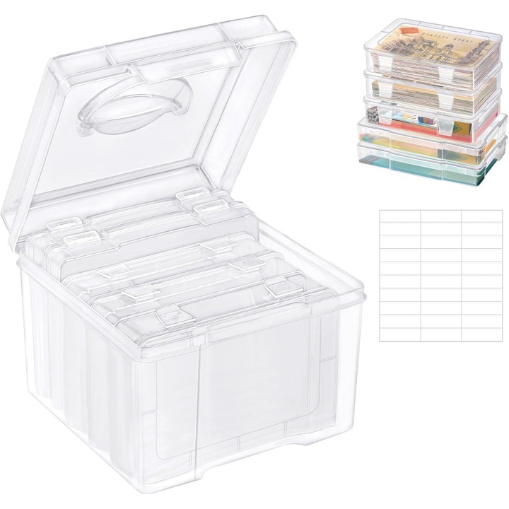 Cutie depozitare foto portabila, cu 5 inserturi si etichete albe, transparenta, 21x21x16cm