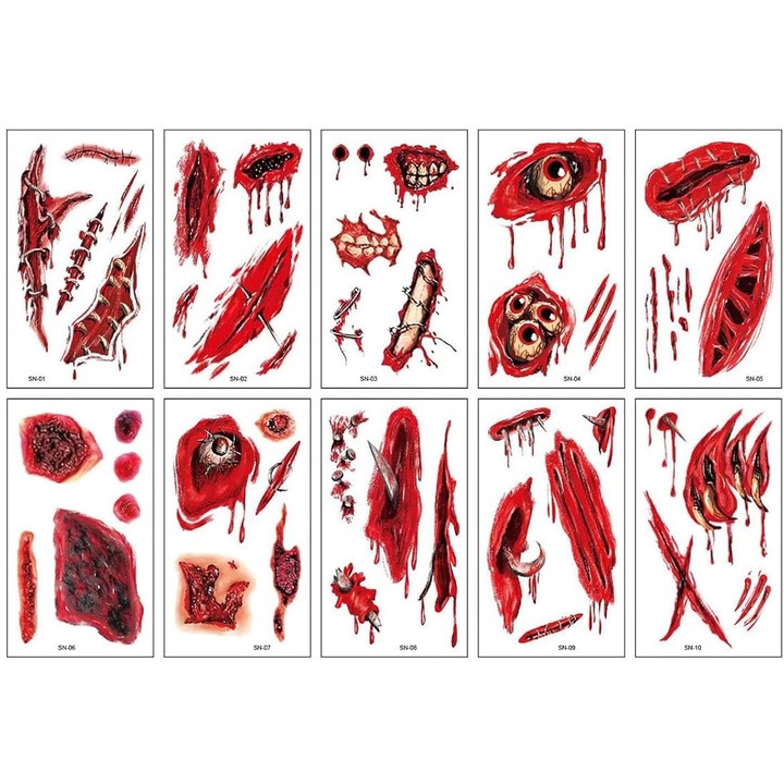 Ideiglenes tetoválások, hamis sebek, Halloween, 10 lap