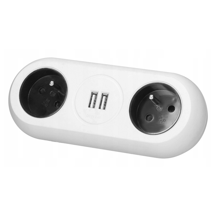 Мебелен контакт с 2 гнезда, 2xUSB, бял, 1,4м, комплект