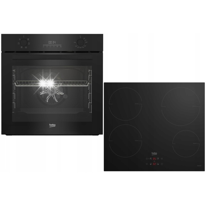 Комплект вградена фурна и индукционен плот Beko, 72л, 4 зони, черен