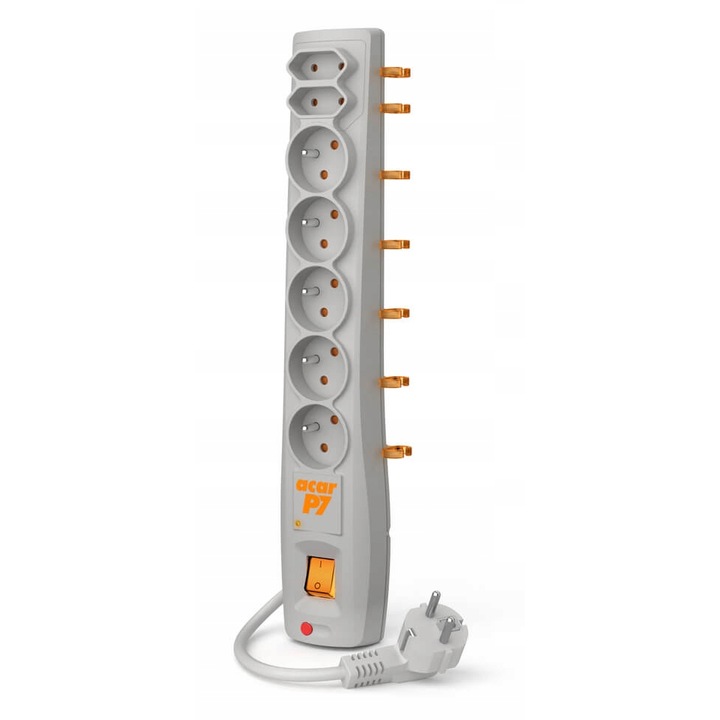 Удължител Acar 3м, 7 гнезда, с превключвател, сив, 370x65x44мм