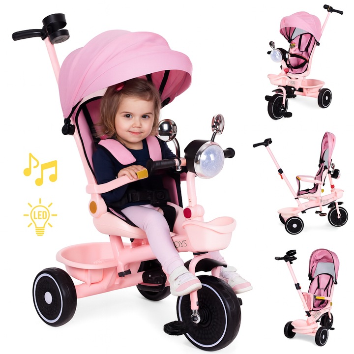 Триколка 2-в-1 idealSTORE за деца, Въртяща се седалка на 360°, Метална рамка, EVA колела, 5-точкови предпазни колани, Предпазен борд, Регулируема дръжка, Сгъваем сенник за слънцезащита, Сгъваема поставка за крачета, Натоварване 25 кг