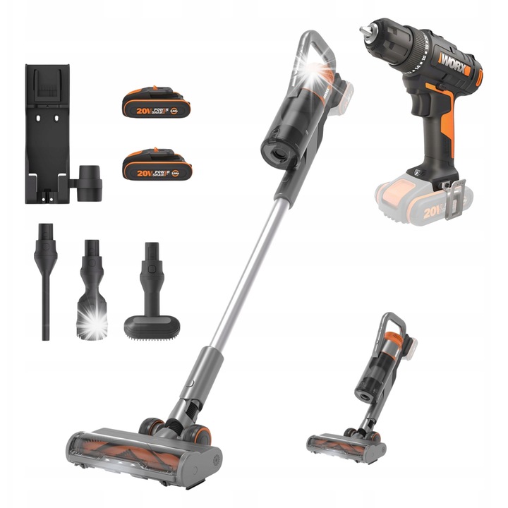Set aspirator vertical, Worx WX038 2x2Ah 25 kPA, cu masina de gaurit WX100.9 30Nm 20V