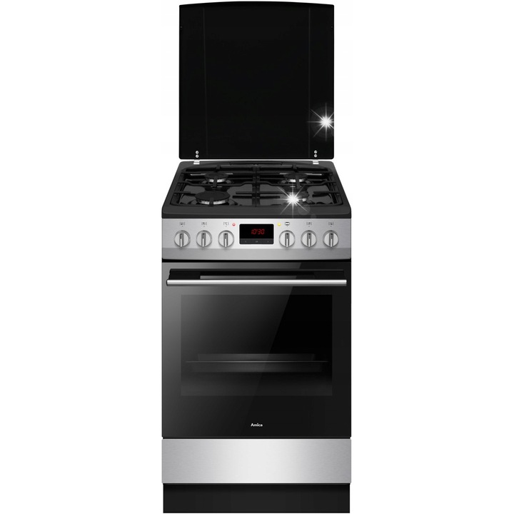 Газово-електрическа печка Amica 50 см, 4 зони за готвене, с фурна 65 л, инокс, черна