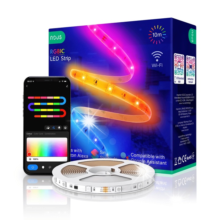 RGBIC WiFi LED лента 10м, многоцветна, гласово управление, приложение NOUS Smart Home