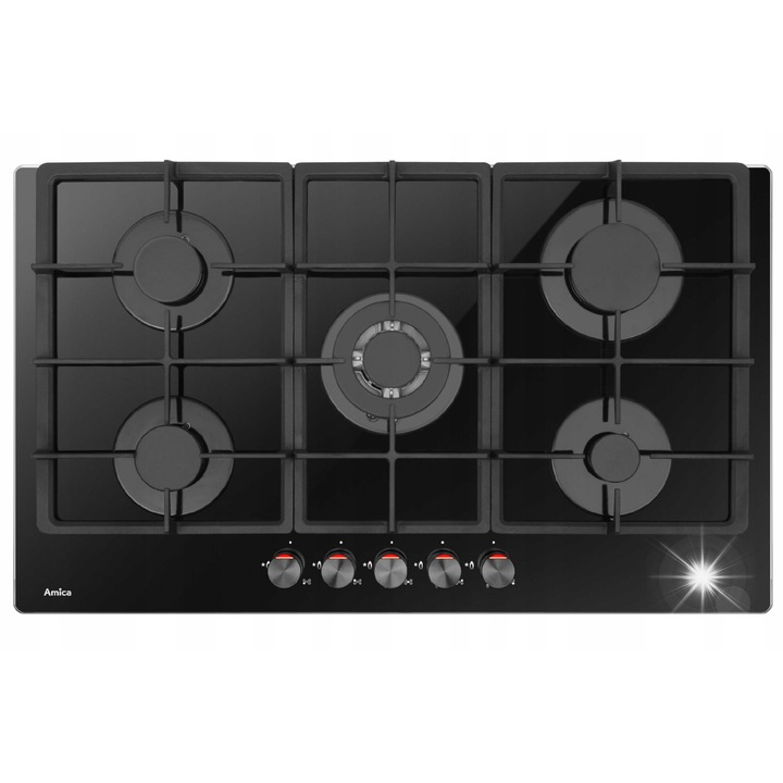 Газов плот на стъкло Amica 86см, 5 горелки, черен, с WOK горелка