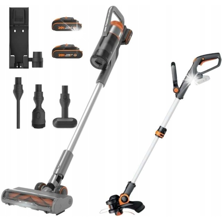 Set Aspirator vertical/trimmer fara fir, Worx WX038, 2x2Ah, 25 kPA, 56 min LED, 20 V