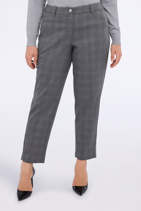 Fiorella Rubino, Pantaloni conici crop cu model in carouri, Gri deschis