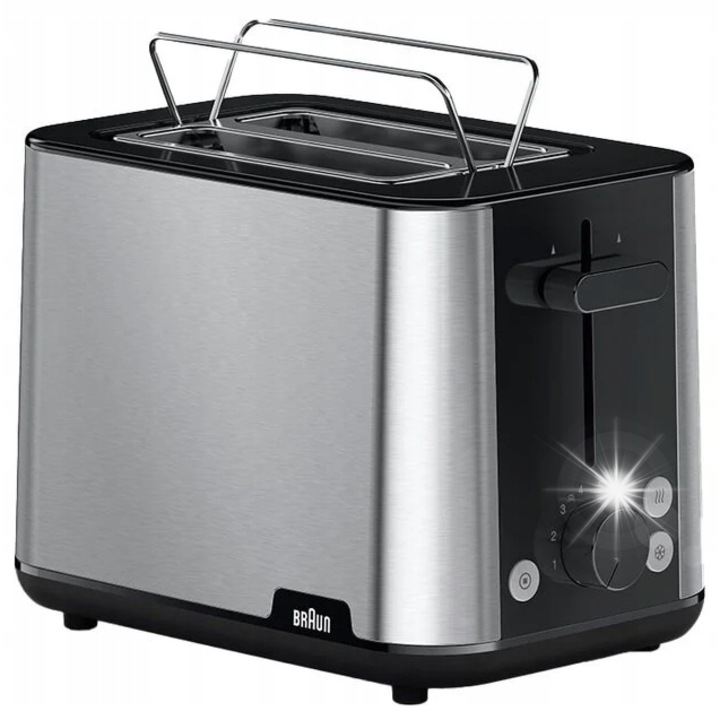 Тостер Braun HT1510, 2 филийки, 900W, сребристо-черен, с приставка за притопляне на хлебчета