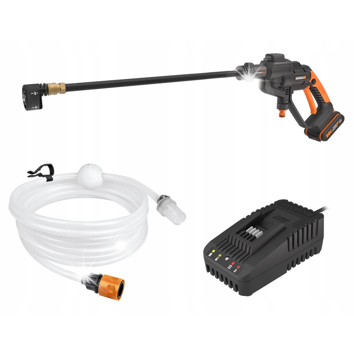 Мобилна водоструйка Worx WG620E 20V, комплект с въртяща се четка, 6 м маркуч, 24 бара, многоцветен