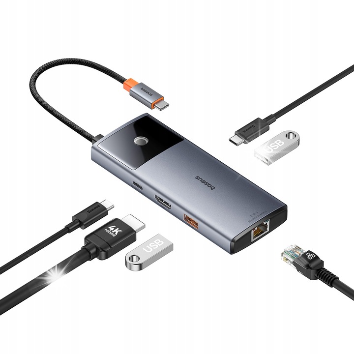 Хъб 6-в-1, Метална серия II, Baseus, 2xUSB 3.2, HDMI 4K, RJ45, сив, 125x47x12mm