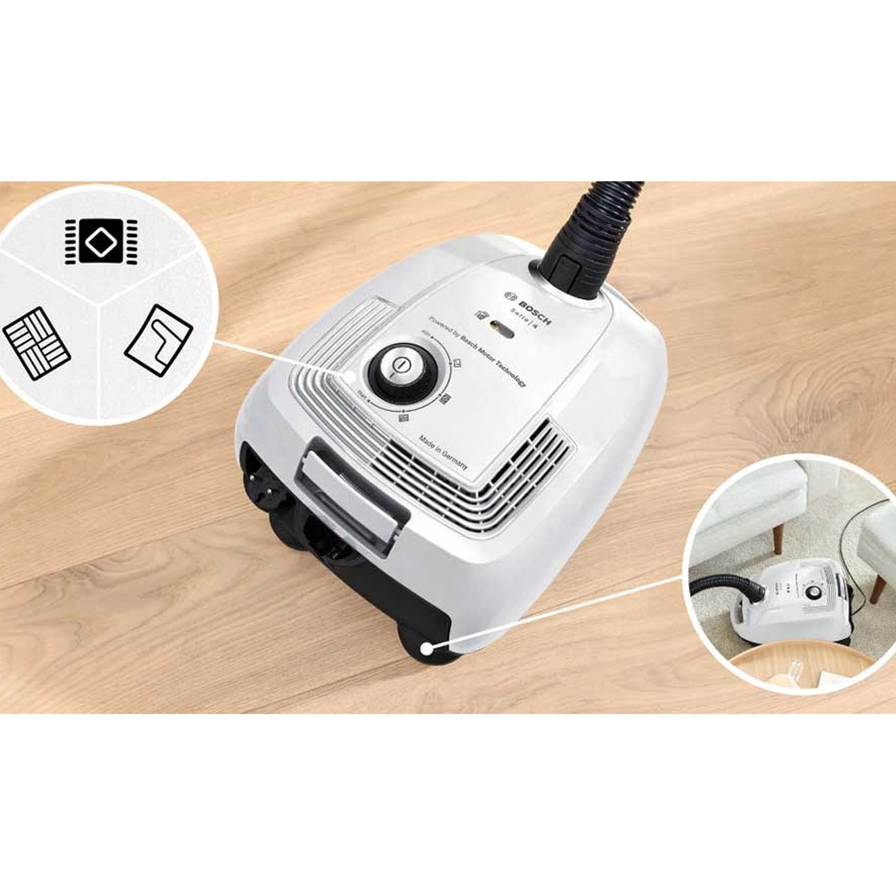 Aspirator cu sac Bosch BGL 38WH2, 600W, filtru HEPA, alb, 10m raza de actiune