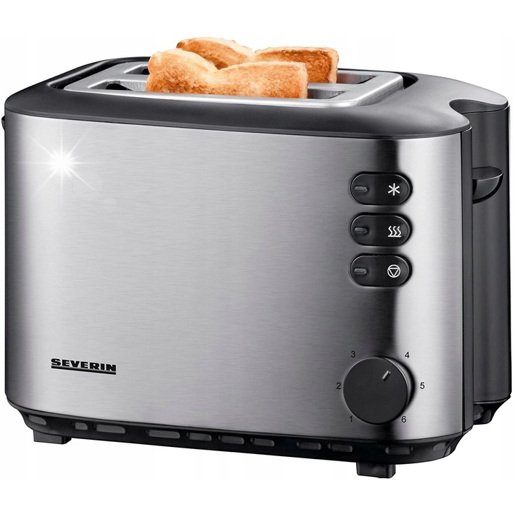 Тостер Severin, 850W, инокс, черен, 2 филийки, функция размразяване, функция затопляне