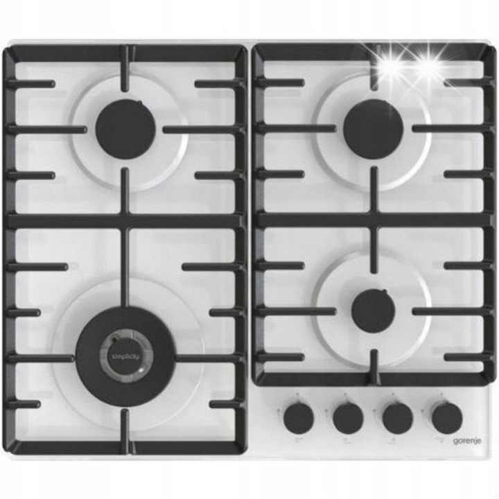 Газов плот Gorenje GTW642SYW, 60см, бяло стъкло, 4 горелки, чугунена скара